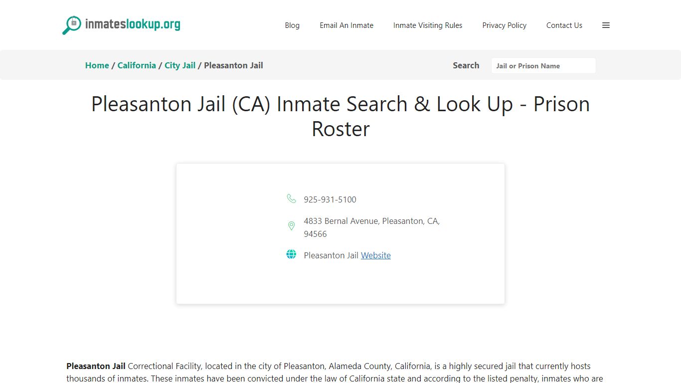 Pleasanton Jail (CA) Inmate Search & Look Up - Prison Roster