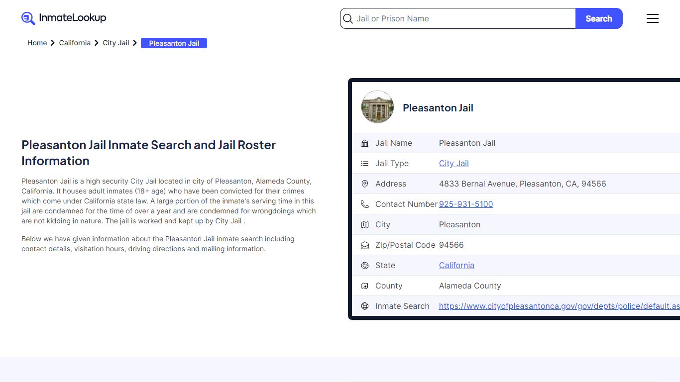 Pleasanton Jail (CA) Inmate Search California - Inmate Lookup